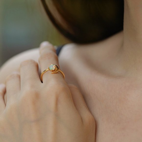 Gold Vermeil 14K Gold Layered over Sterling  Silver Crescent Opal Moon Open Ring - Picture 5 of 5